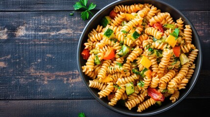 A bowl filled with spiral macaroni pasta salad and vegetables sits on a dark wooden table