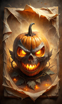 Chilling Halloween Pumpkin Head With Sinsiter Smile and a eerie glow of Light in the background, Graphic Resource for Spooky halloween background posters and halloween parties
