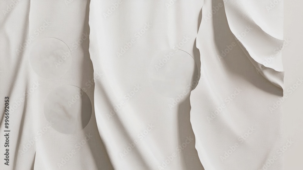 Poster a mockup displays a torn curtain design with three circular shapes on a clean white background empha