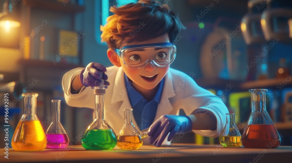 Poster a young scientist conducts experiments with colorful liquids in a laboratory setting.