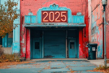 A vibrant brick building featuring a vintage sign displays the year 2025, located in an urban area surrounded by colorful walls and autumn foliage