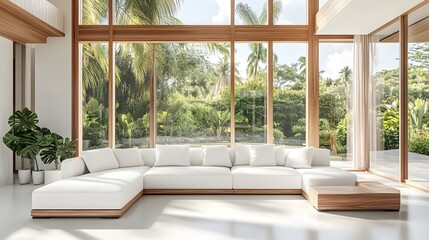 Bright and airy contemporary living room with large L shaped white sofa minimalist wood and color accents expansive windows overlooking a lush outdoor scene