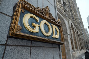 Fototapeta premium A prominent sign reading \'GOD\' on a gray brick building captures attention in an urban setting, showcasing intricate details and architectural charm