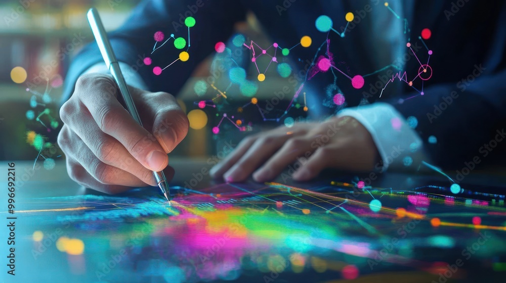 Poster a person drawing colorful data visualizations on a digital surface.