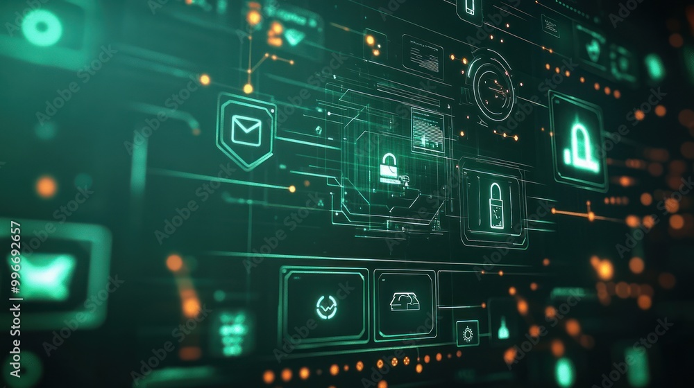 Aufkleber digital interface showcasing cybersecurity icons and data connections.