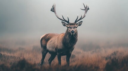 Obraz premium A red deer stag is situated proudly in the middle of a heath, with its large antlers prominently displayed. The calm morning mist adds a mystical ambiance to the setting