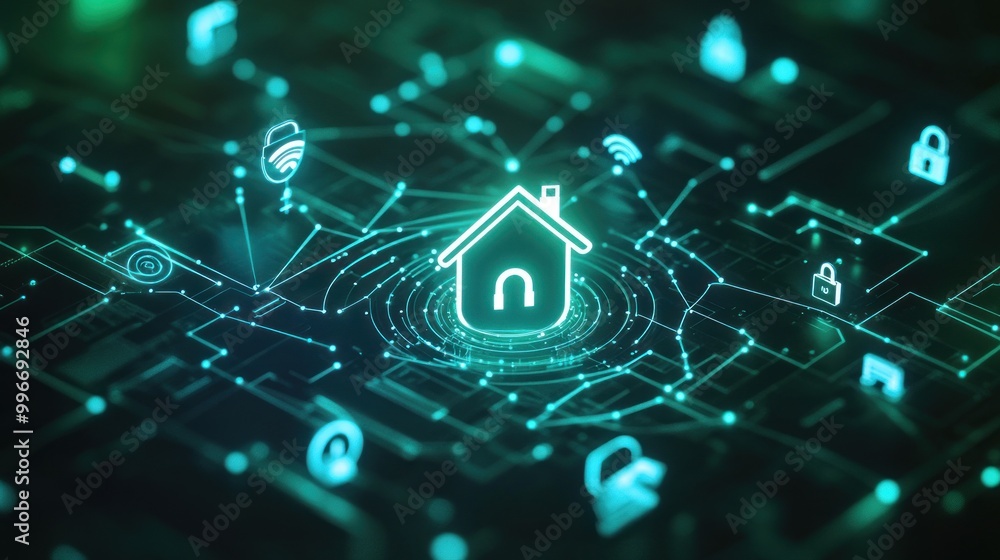 Poster a digital representation of a smart home network with security icons.