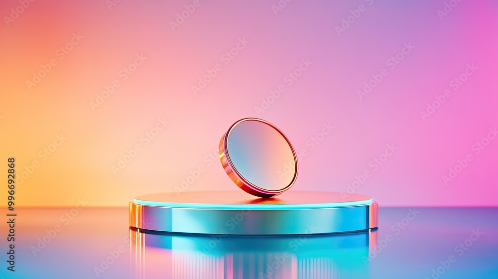 Poster vibrant composition featuring a reflective surface and circular object, showcasing colorful lights a