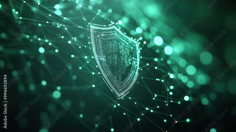 Poster a digital shield symbolizing cybersecurity amidst a network of interconnected nodes.