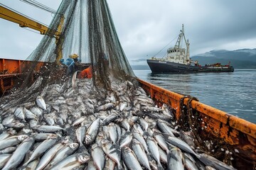 Fresh Pacific herring being loaded from a fishing net into a trawler in a coastal area on the Pacific Ocean