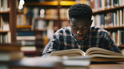 Young man reading a book intently in a spacious library filled with bookshelves during the afternoon