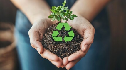 Hands holding a small plant with a recycling symbol, symbolizing sustainable living.