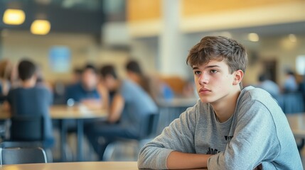Fototapeta premium A thoughtful young teenager reflects while sitting in a busy school cafeteria during lunchtime with classmates around him