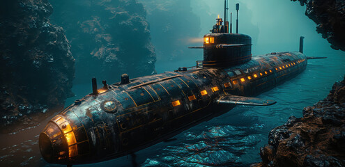 Obraz premium A black submarine with on its conning tower explores the calm, dark depths of the ocean in a stunning Unreal Engine 5 rendering