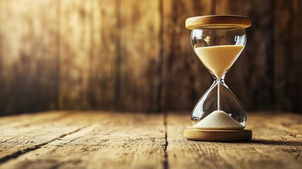 Hourglass with sand running out on rustic wooden surface.