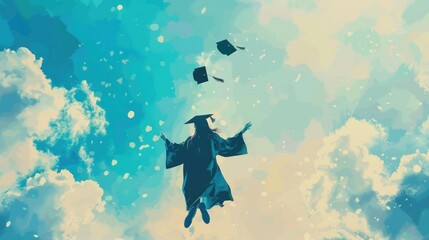 Graduation cap toss with students celebrating under a bright blue sky. Graduation and achievement concept for education and success.