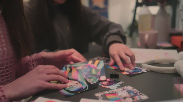 Close-up shot of two unrecognisable long-haired girls taking printed photos of k-pop idols from table and viewing them