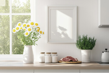 Moldura em branco apoiada em bancada de cozinha com frutas cítricas e utensílios, fundo claro e plantas decorativas ao redor, criada com IA generativa.