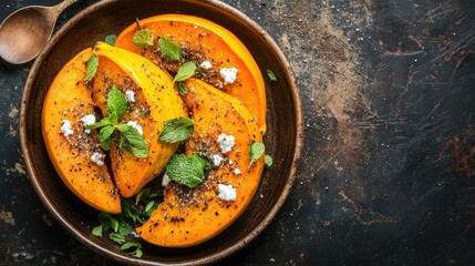 Baked pumpkin garnished with aromatic herbs goat cheese and mint A healthy culinary concept featuring ample copy space Top view