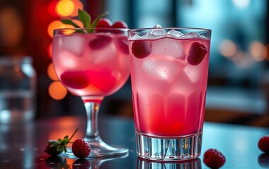 A refreshing cocktail experience featuring a beautifully crafted drink served in a stylish glass, showcasing layers of red and white hues. This alcoholic beverage, adorned with juicy strawberries and 