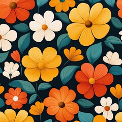Vibrant floral pattern featuring diverse flowers in beautiful colors on a dark background, perfect for nature-themed designs.