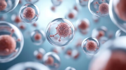 Nanoparticles interacting with cells, medical research focus, 3D illustration