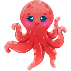 Cute Octopus Cartoon Sea Animals Watercolor Illustration