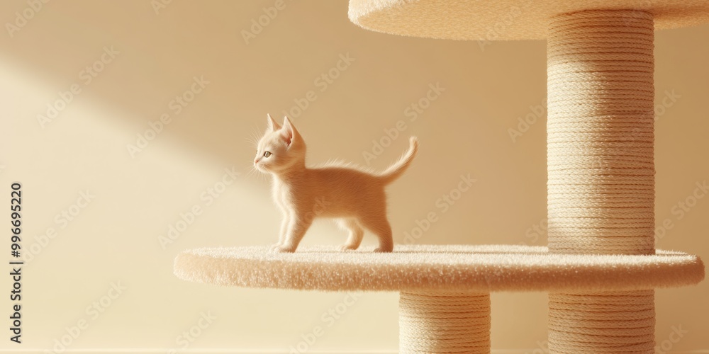 Poster a minimalistic 3d design of a cat tree with a playful kitten exploring it, showcasing textures and d