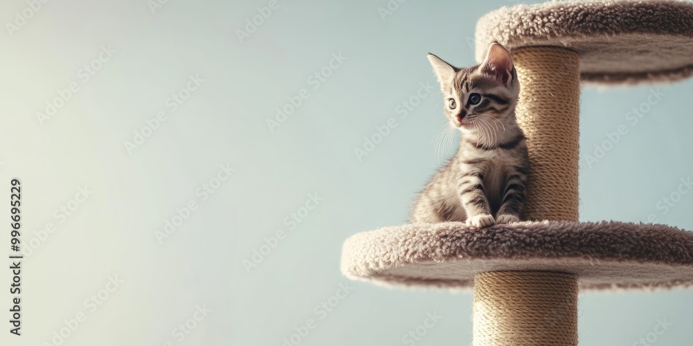 Poster a minimalistic 3d design of a cat tree with a playful kitten exploring it, showcasing textures and d