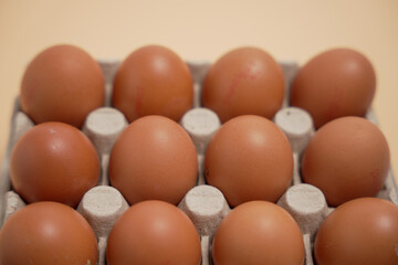 A dozen eggs are sitting in a carton. The eggs are brown and appear to be fresh