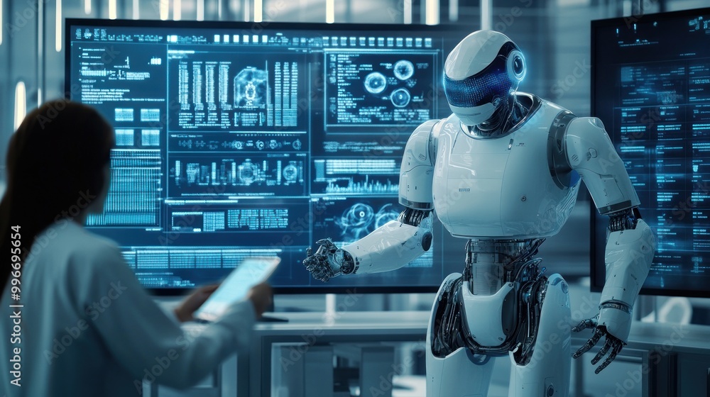 Poster a humanoid robot interacts with a person in a high-tech environment filled with data screens.