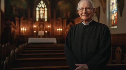 Fototapeta premium Elderly Protestant Minister Standing in a Traditional Church, Perfect for Religious or Inspirational Themes