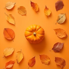 Obraz premium autumn background with pumpkin and yellow leaves 