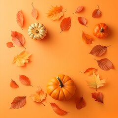 autumn background with pumpkin and yellow leaves 