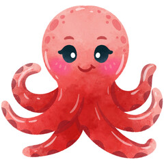 Cute Octopus Cartoon Sea Animals Watercolor Illustration