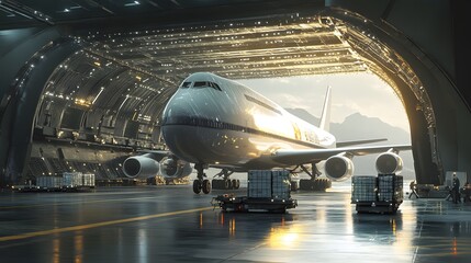 Fototapeta premium A futuristic cargo plane with robotic sensors checking the condition of each package during loading.