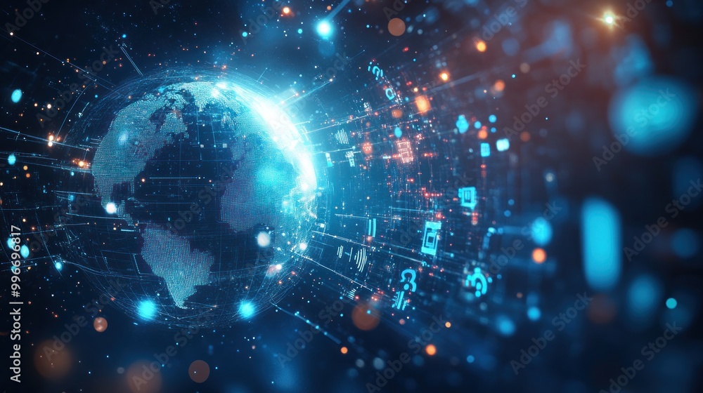 Poster a digital representation of earth surrounded by data streams and technology elements.