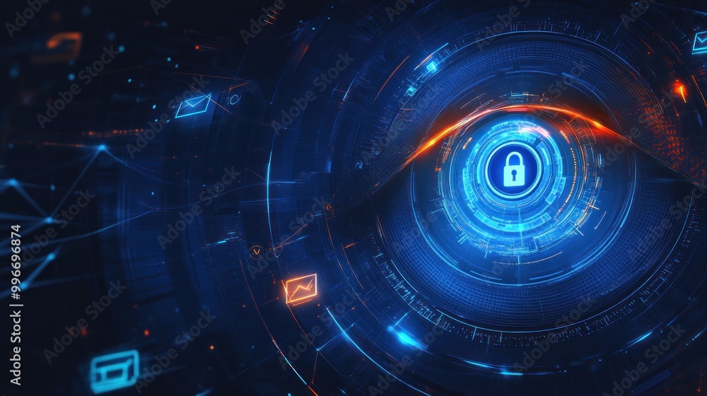 Poster abstract digital illustration of a secure eye symbolizing cybersecurity and data protection.