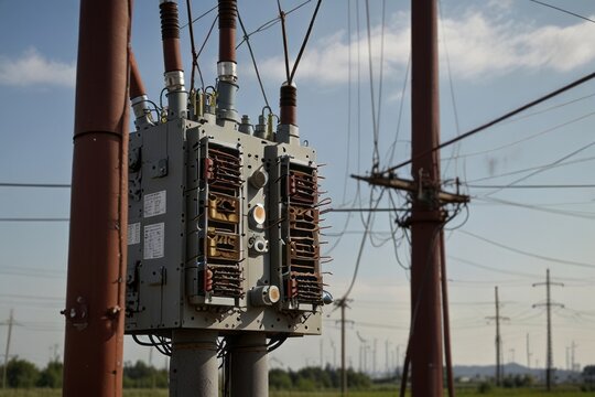 A transformer at an electrical substation. Transmission of electricity.