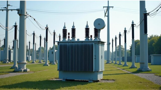 A transformer at an electrical substation. Transmission of electricity.