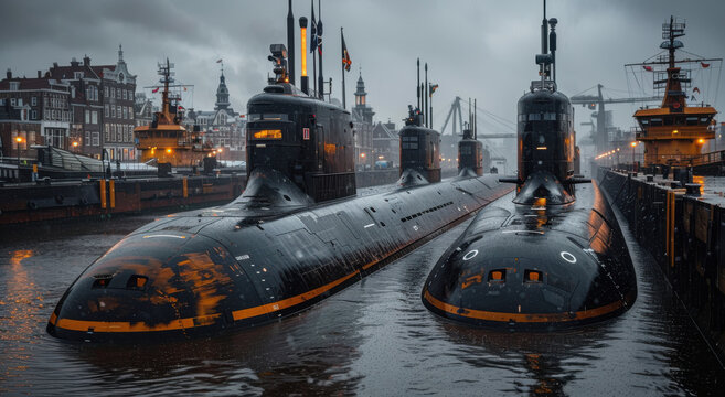 Close-up of navy submarines docked in a harbor on a cloudy summer day