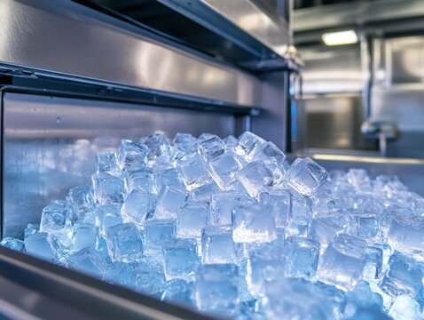 Close-up View of Perfectly Formed Ice Cubes Emerging from a Commercial Ice Maker in a Modern Food Service Facility