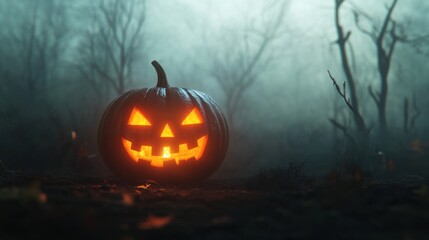 Obraz premium A glowing jack-o'-lantern in a misty forest, evoking a spooky Halloween atmosphere.