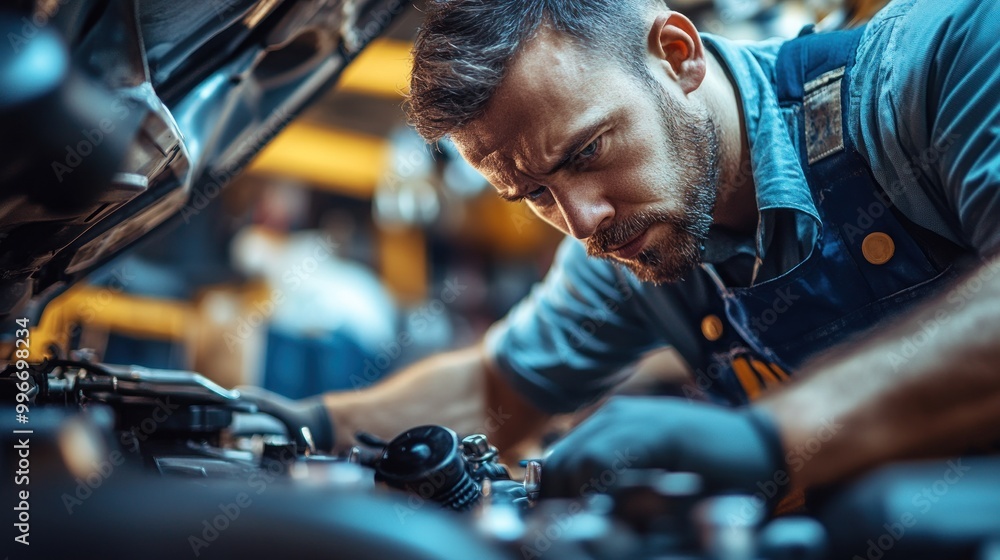 Poster a mechanic intently working on a vehicle's engine in a workshop.