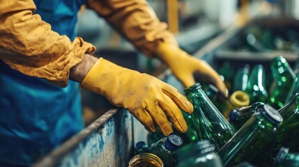 Worker sorting glass bottles at a recycling plant, wearing protective gloves.