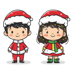 Illustrations set of cute boy and girl in Christmas costumes