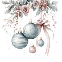 Fototapeta premium Elegant Hanging Christmas Ornaments with Pink Ribbons 