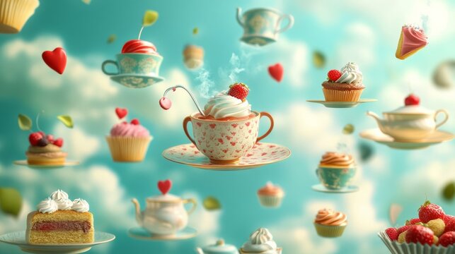 Minimalist background: A whimsical Wonderland tea party scene with Mad Hatter, Alice, and vintage silhouettes in a fabulous fairytale-inspired vector illustration.

