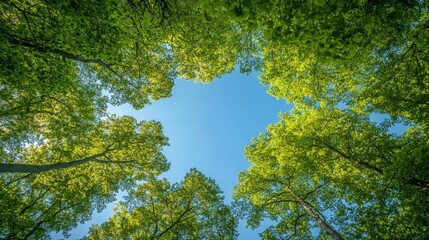 Looking up from the forest floor, lush green leaves create a canopy that filters sunlight, contrasting beautifully with the clear blue sky above, promoting tranquility