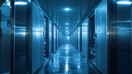 Long, Cold Corridor of a Frozen Goods Preservation Unit, Emphasizing the Importance of Industrial Ice in Maintaining Low Temperatures